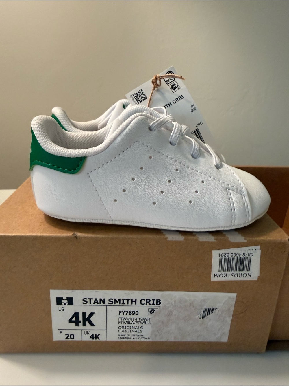 adidas Stan Smith Crib Shoes in White with Green Heel Tab